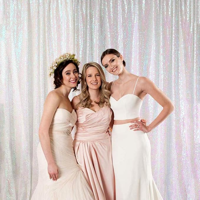 JYFLZQ White Iridescent Sequin Backdrop Curtains 8ft x 8ft 1 Panel Glitter Photo Booth Backdrops Sparkly Photography Background Drapes for Parties Wedding Bridal Showers