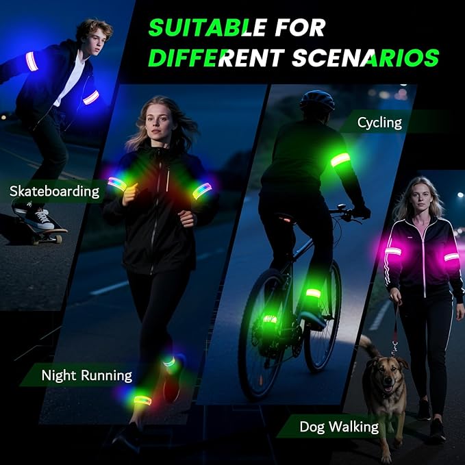 LED Armband for Running(2 Pack),Light Up Arm Bands for Night Walking Running,Rechargeable Lights for Runners,High Visibility Reflective Running Gear Adjustable Light Up Wristbands