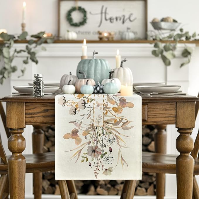 Artoid Mode Wildflower Leaves Floral Fall Table Runner, Autumn Thanksgiving Kitchen Dining Table Decoration for Indoor Outdoor Home Party 13x90 Inch