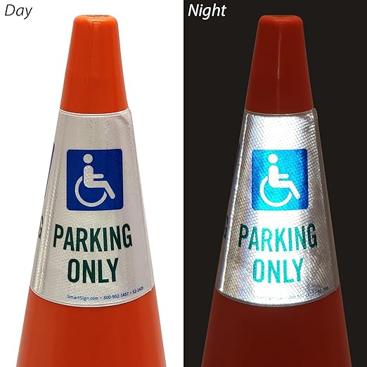 SmartSign 6-Pack "Handicapped Parking Only" Reflective Cone Message Sleeve Collar with Symbol, 360-Degree Visibility, Non-Adhesive Vinyl Signs for Traffic Safety Cones, 3-Side Print [Cone Not Included]
