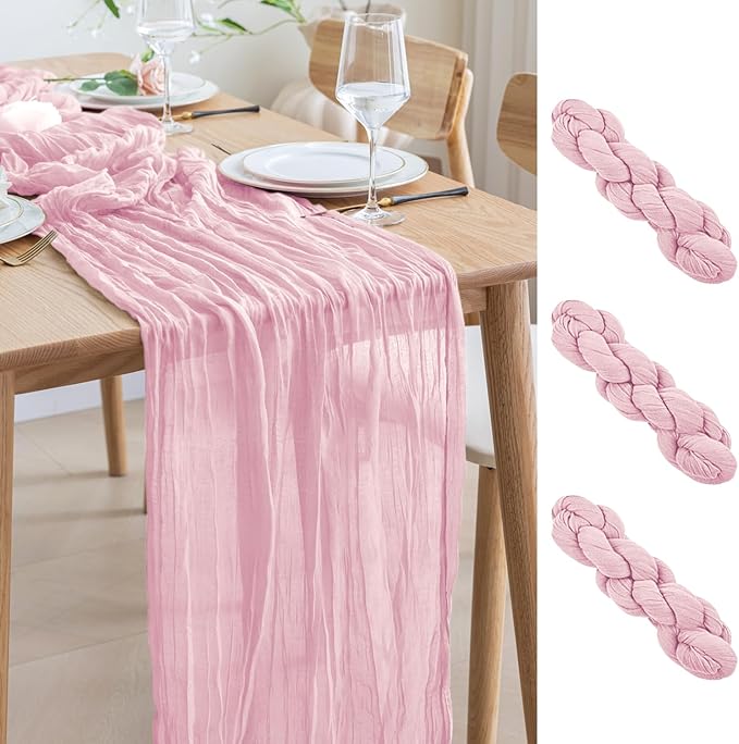 Asee'm 3pcs Cheesecloth Table Runner 120 Inches Blushing Pink Boho Gauze Cheese Cloth Runner 10FT Rustic Sheer Fall Table Runners for Thanksgiving Wedding Baby Shower Holiday Party Decoration