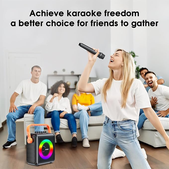 Karaoke Machine,8000mAh Portable Bluetooth Speaker with 2 Wireless Microphones for Adults & Kids,Microphone Speaker Set with Lights,Supports for TF Card,AUX in,FM,REC,for Parties,Outdoor,Home (HBL100)