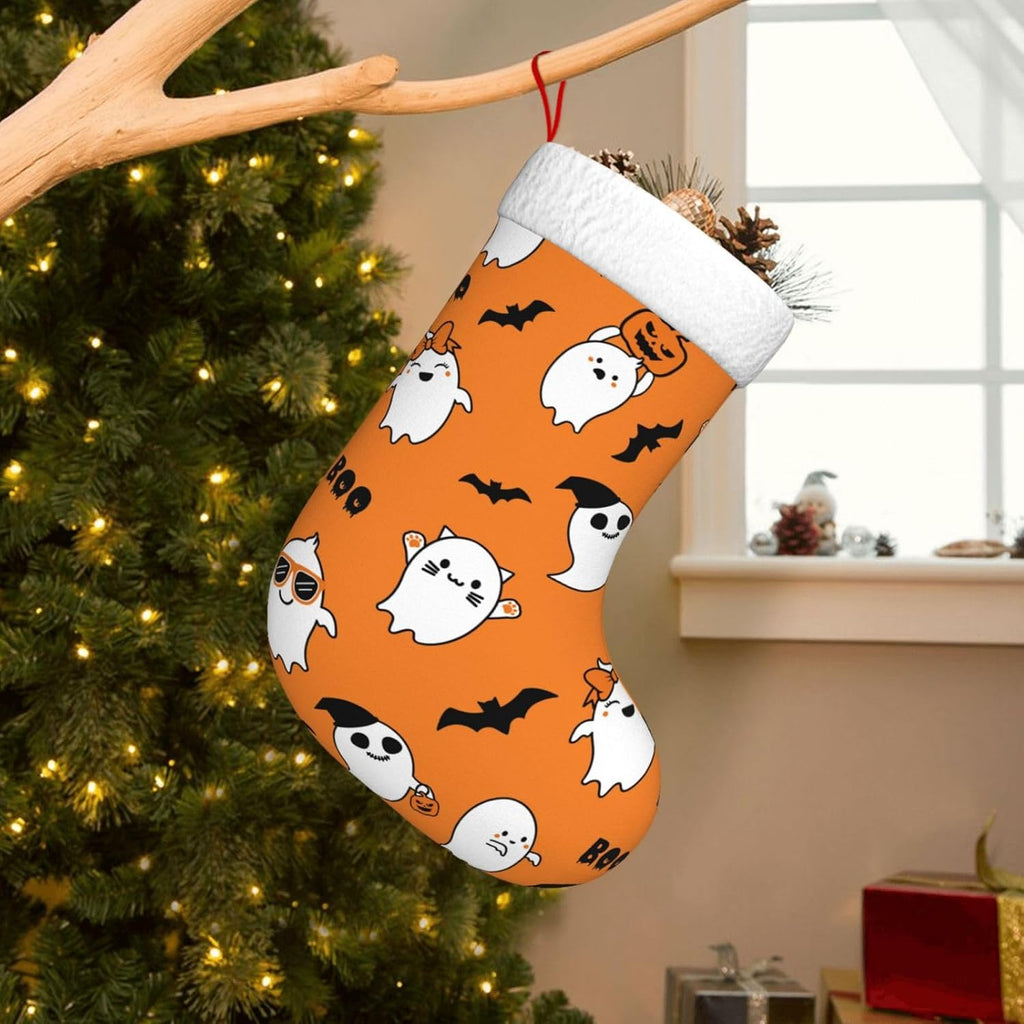 Halloween Ghost Christmas Stockings Hanging Decoration Stockings | 17.7 Inch Xmas Stockings for Fireplace Family Party Holiday Decor 1PCS
