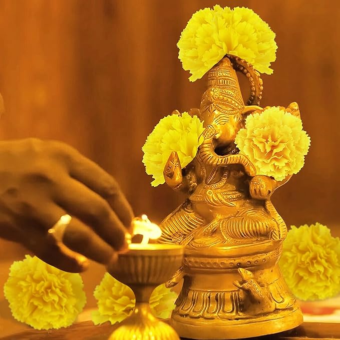 30 Pcs Artificial Marigold Flowers,3.54" Silk Marigold Flower Heads with Stems,Yellow Flowers Artificial for Diwali Decor,Indian Wedding,Home,DIY Wreath Garland,Day of The Dead Decorations