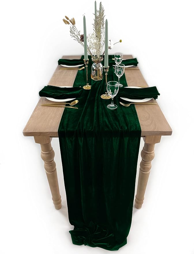 Emerald Green Velvet Table Runner, Luxurious Wedding Table Runner Decorations, 20 x 120 inch 10ft Velvet Fabric Table Linen Overlay for Party