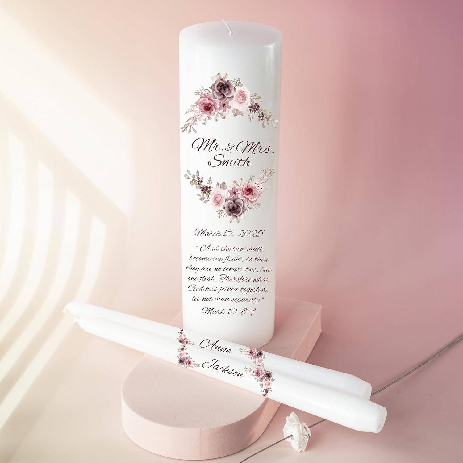 Unity Candles for Wedding, Mr and Mrs Modern Unity Set, Custom and Personalized Pillar and Taper Candles with Bible Quote, Unscented White Premium Wax, Religious and Wedding Ceremony, Special Events