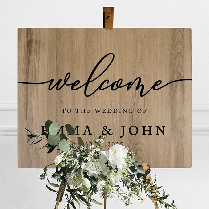Andaz Press Large Wooden Welcome Sign for Wedding, Rustic Welcome Sign 16" x 20" Custom Names & Date, Woodland Wedding Signage, English Oak MDF Wood Finish Wedding Reception Indoor Outdoor Signs