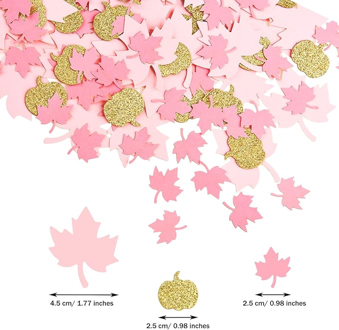 Sumind 200 Pieces Thanksgiving Pink and Gold Pumpkin Confetti Christmas Baby Shower Maple Leaf Confetti Glitter Thanksgiving Pumpkin Decorations Table Decorations for Birthday Party Supplies (Simple)