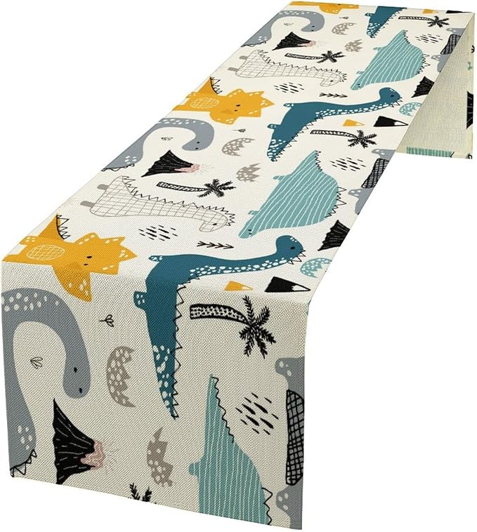 Cartoon Dinosaur Table Runner,Kids Boys Cute Various Dino Moutain Modern Abstract Print Tablecloth Burlap for Hotel Indoors Outdoor Dining Room Kitchen Holiday Party, 13x90in