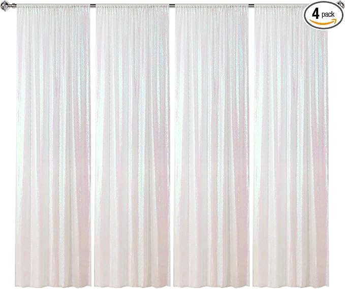 Sugargirl White Iridescent Sequin Backdrop Curtain 4 Panels 2FTx8FT Glitter White Iridescent Background Drapes Sparkle Photography Backdrop for Party Wedding Birthday Wall Decoration