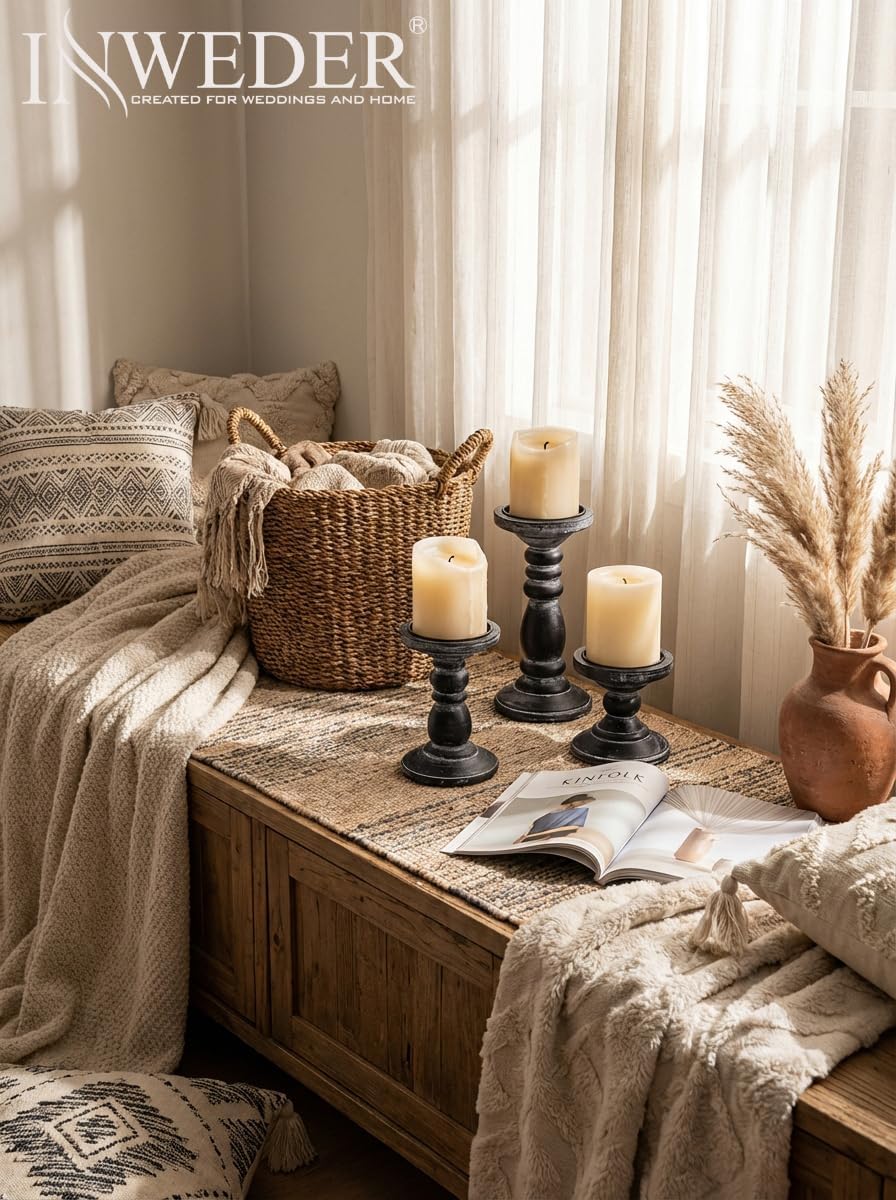 Wood Pillar Candle Holder: 3Pcs Rustic Black Candle Holders for Pillar Candles Wood Candle Holders Distressed Wooden Farmhouse Candle Holder Large Rustic Candle Holder for Fireplace Table