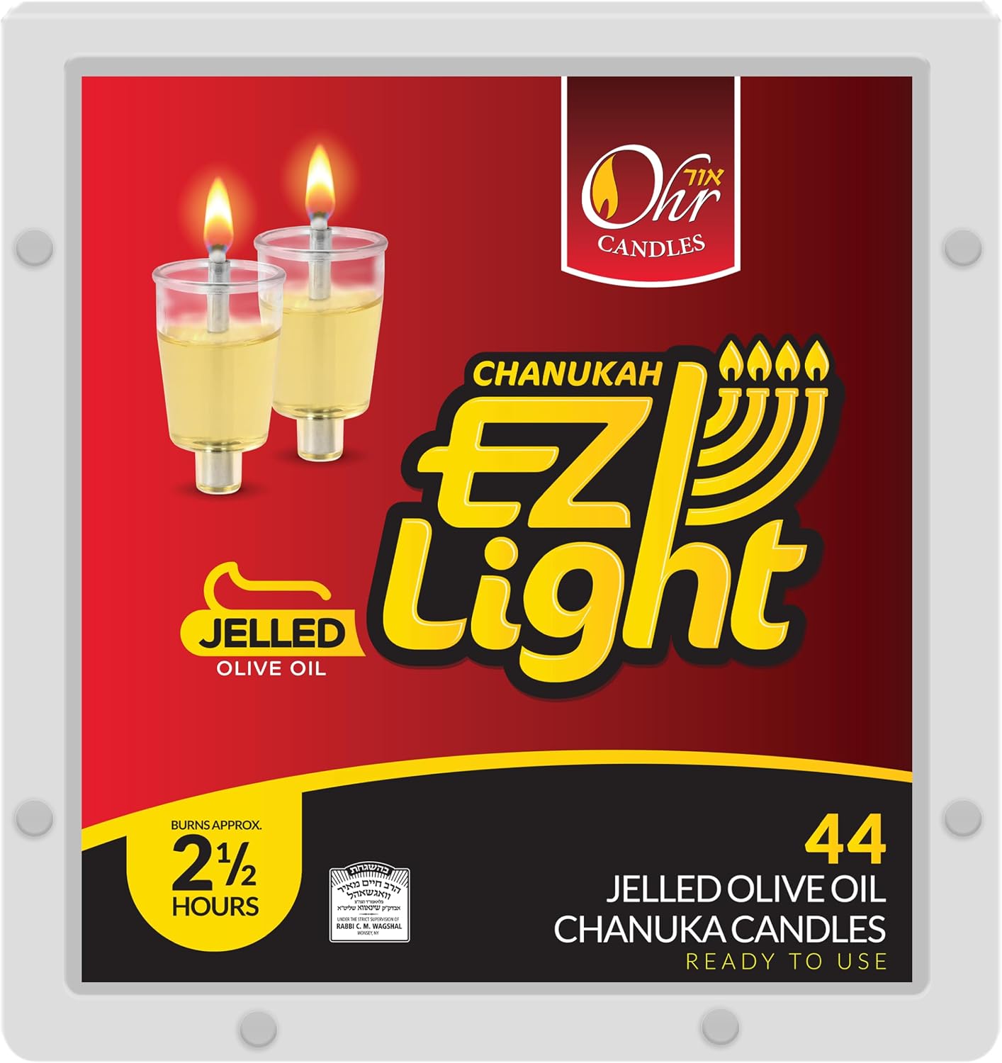 Pre-Filled Menorah Oil Cup Candles - Hanukkah Candles EZ Lights - Jelled 100% Olive Oil with Cotton Wick in Plastic Cup - Medium Size, 44 Pack, Burns 2.5 Hrs