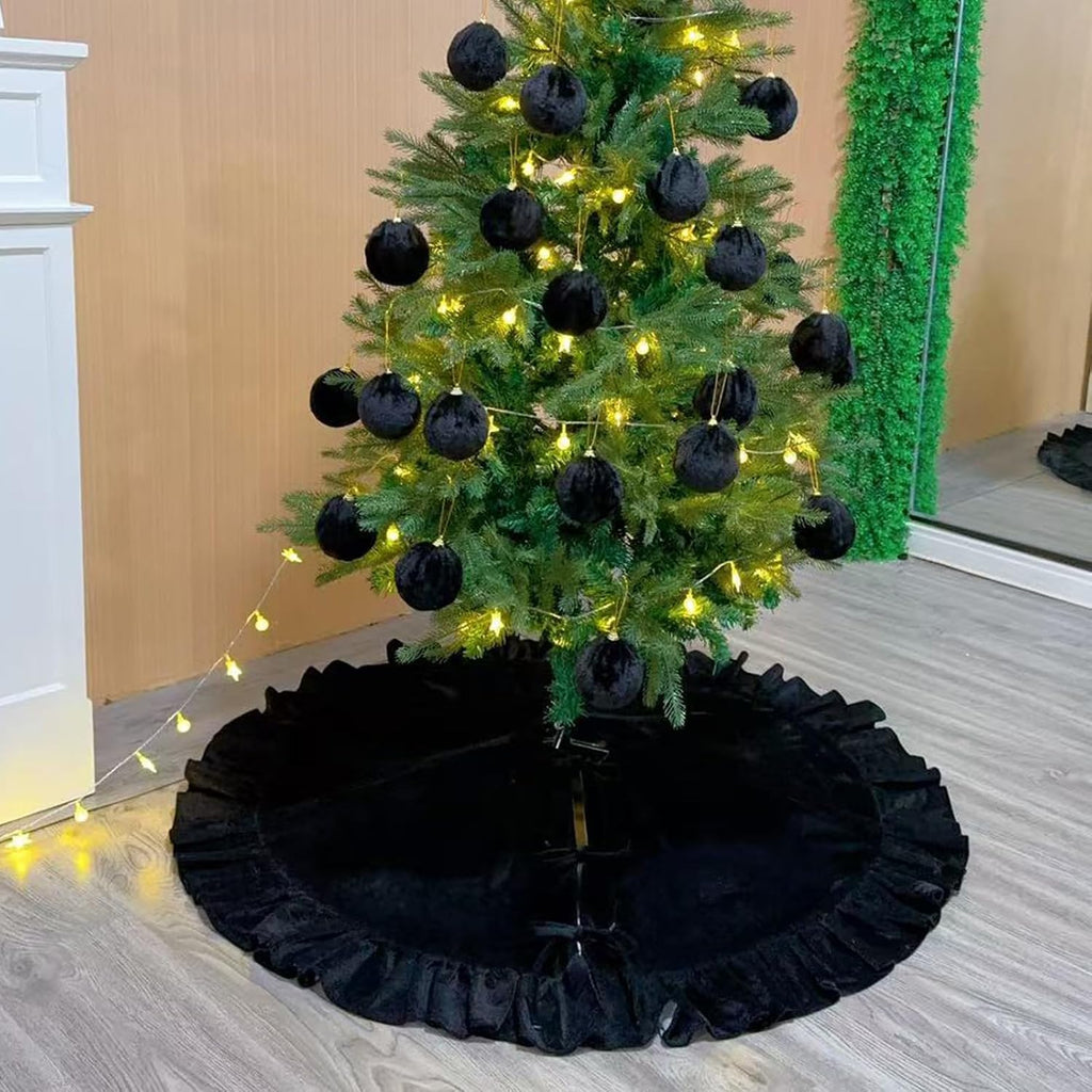 48 Inches Ruffled Velvet Christmas Tree Skirt Black with Bow Large Luxury Xmas Tree Skirt Mat for Christmas & New Year Holiday Home Party Decorations - 122cm