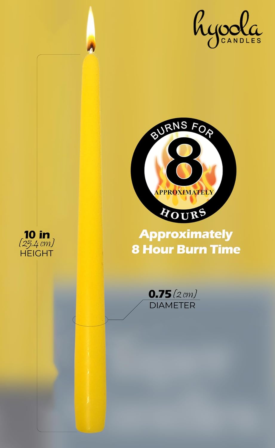 Hyoola Tall Taper Candles - 10 Inch Yellow Unscented Dripless Taper Candles - 8 Hour Burn Time - 12 Pack