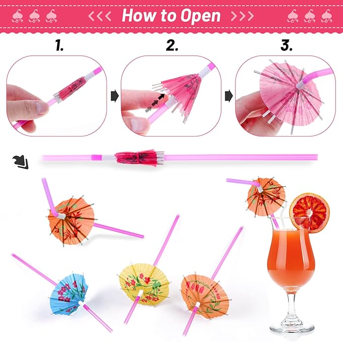Paxcoo 100pcs Umbrella Straws - Hawaiian Luau Party Straws for Drinks Decorations (Assorted Colors)
