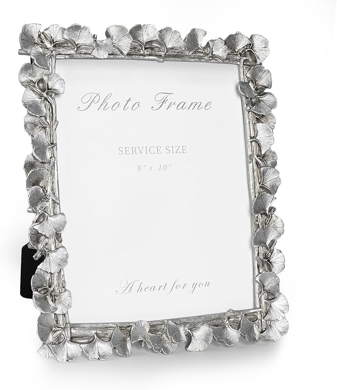 Cuspin Silver 8x10 Picture Frame, Vintage Silver Ornate Leaf Textured Hand-Crafted Resin with Glass Front Antique Photo Frame for Tabletop Display, Retro Design Home Decor