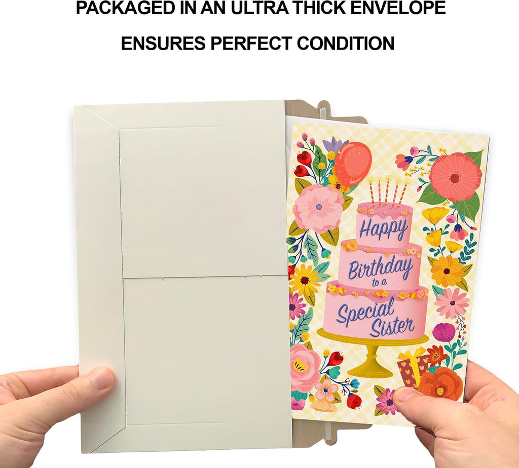 Prime Greetings Sister Birthday Card, Made in America, Thick Card Stock with Premium Envelope Packaged in a Reusable Presentation Mailer, Eco-Friendly, 5in x 7.75in