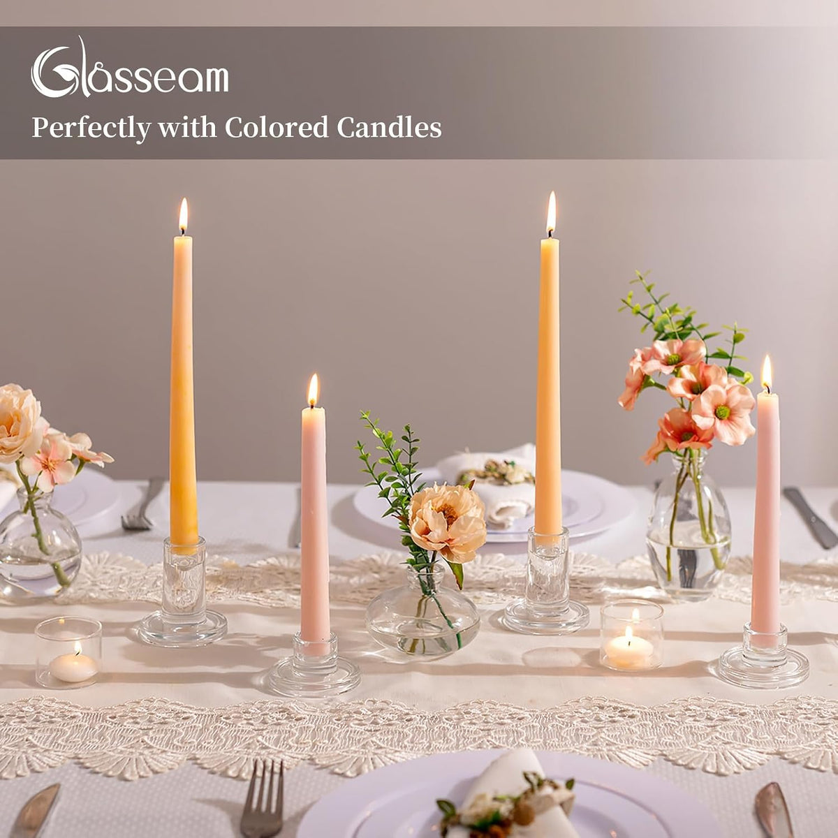 Glasseam Taper Candle Holders Bulk, 12Pcs Glass Candlestick for Centerpiece