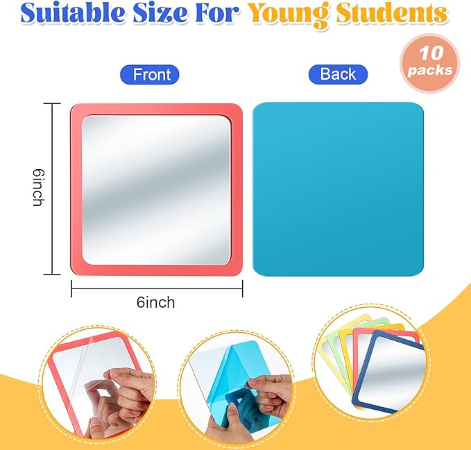 Dandat 10 Pcs Small Mirrors for Kids 6 x 6 Inch Square Shatter Proof Reflector Toddler Glass Plastic Reflector for Classroom DIY Craft Preschool Facial Expression (Hippie Colors)