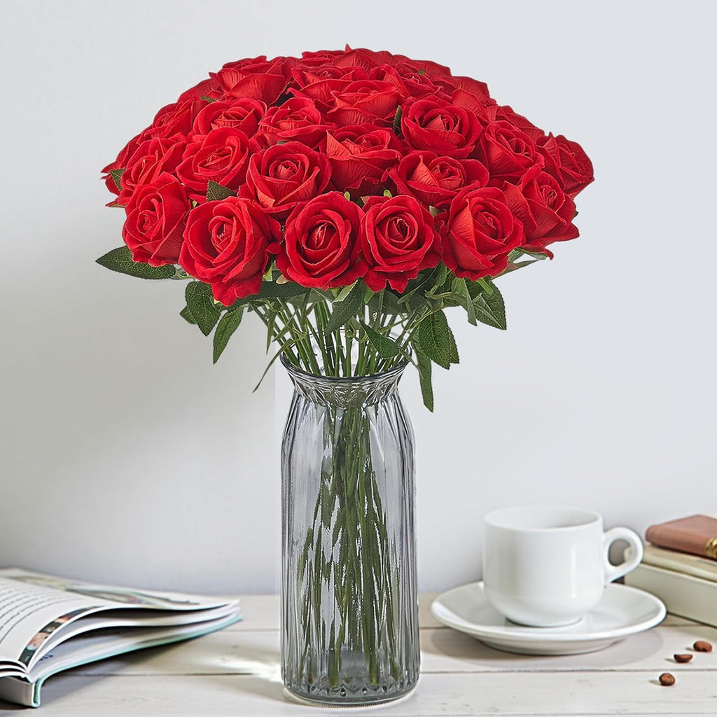 vevor artificial flowers, 500 pcs real looking red, front angle view