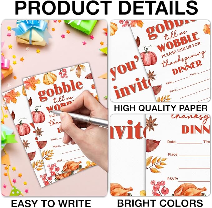 Thanksgiving Party Invitations Fall Pumpkins Turkey Friendsgiving Thanksgiving Dinner Party Fill in Invites Cards With Envelopes (20 Count), Double Sided Design