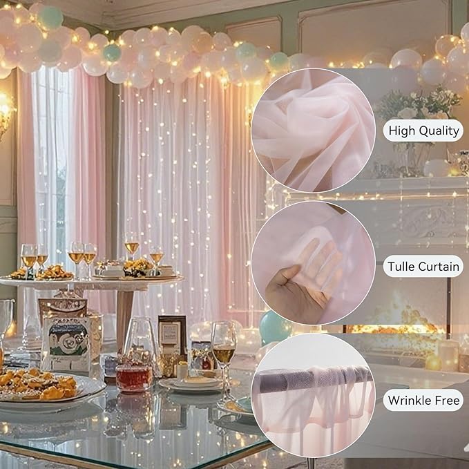 10×10ft Tulle Backdrop Curtains with Lights String - 300LED Fairy Lights Sheer Curtain Backdrop for Weddings Baby Shower and Birthday Party Decorations(6 Panels 5×10ft)