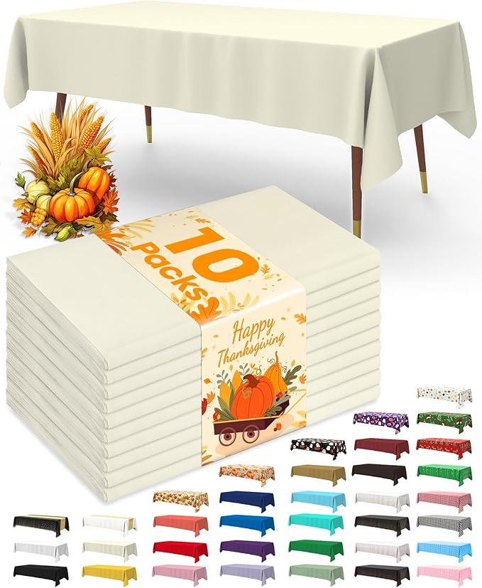 Pureegg Plastic Table Cloth Disposable 10 Pack, 54 x 108 Inch Table Cloths, Party, Wedding, Thanksgiving Decorations, Fall Tablecloths, Rectangle, Beige Plastic Cover, Leakproof & Sturdy, Cream, Ivory