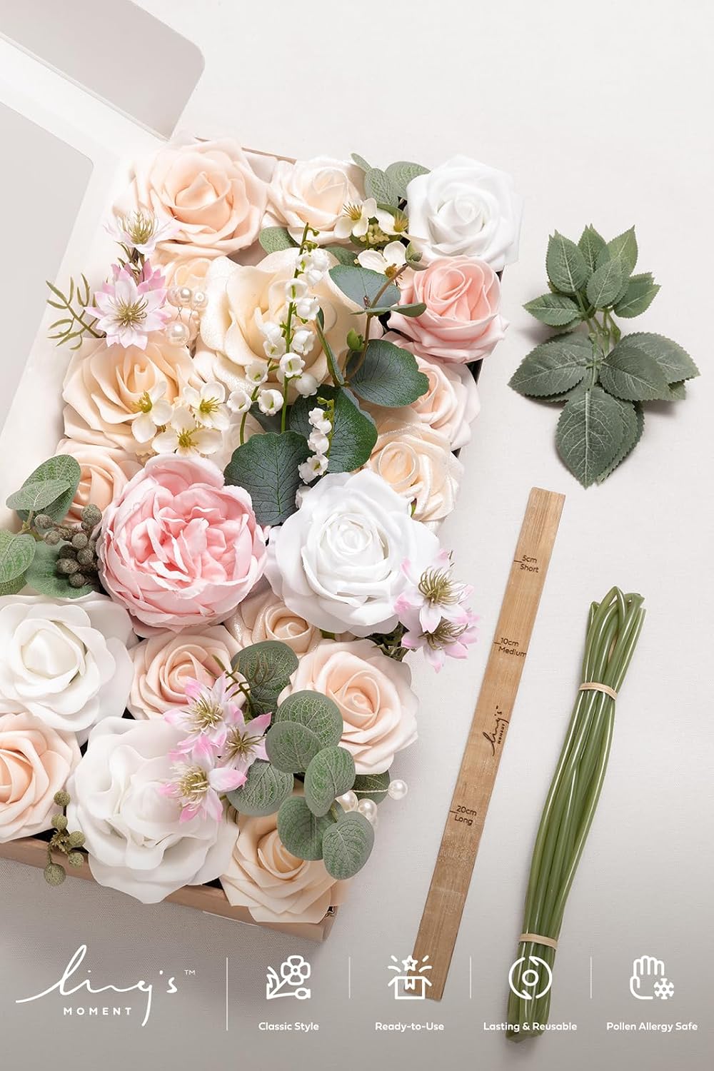 Ling's moment Fake Flowers Box, Faux Artificial Greenery Stems Foam Roses Silk Peony Eucalyptus Fabic Flower for Centerpieces Bouquet Wedding Vase Floral Decorations, Cream & Blush, Deluxe Combo
