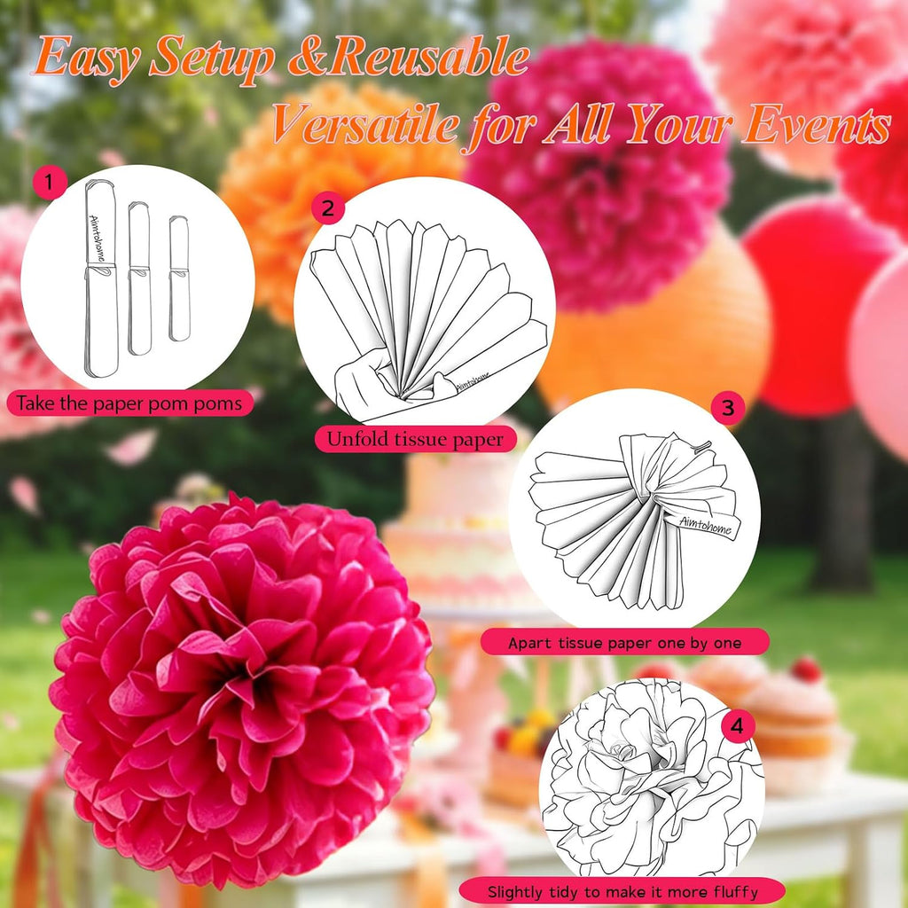 AimtoHome Pink Orange Tissue Paper Flower Pom Poms12pack Hanging Paper Pom Pom Decorations for Tea Party, Wedding, Bridal Shower, Birthday, Fiesta, Baby Shower, Nursery, Bachelorette, 10/8/6 inch