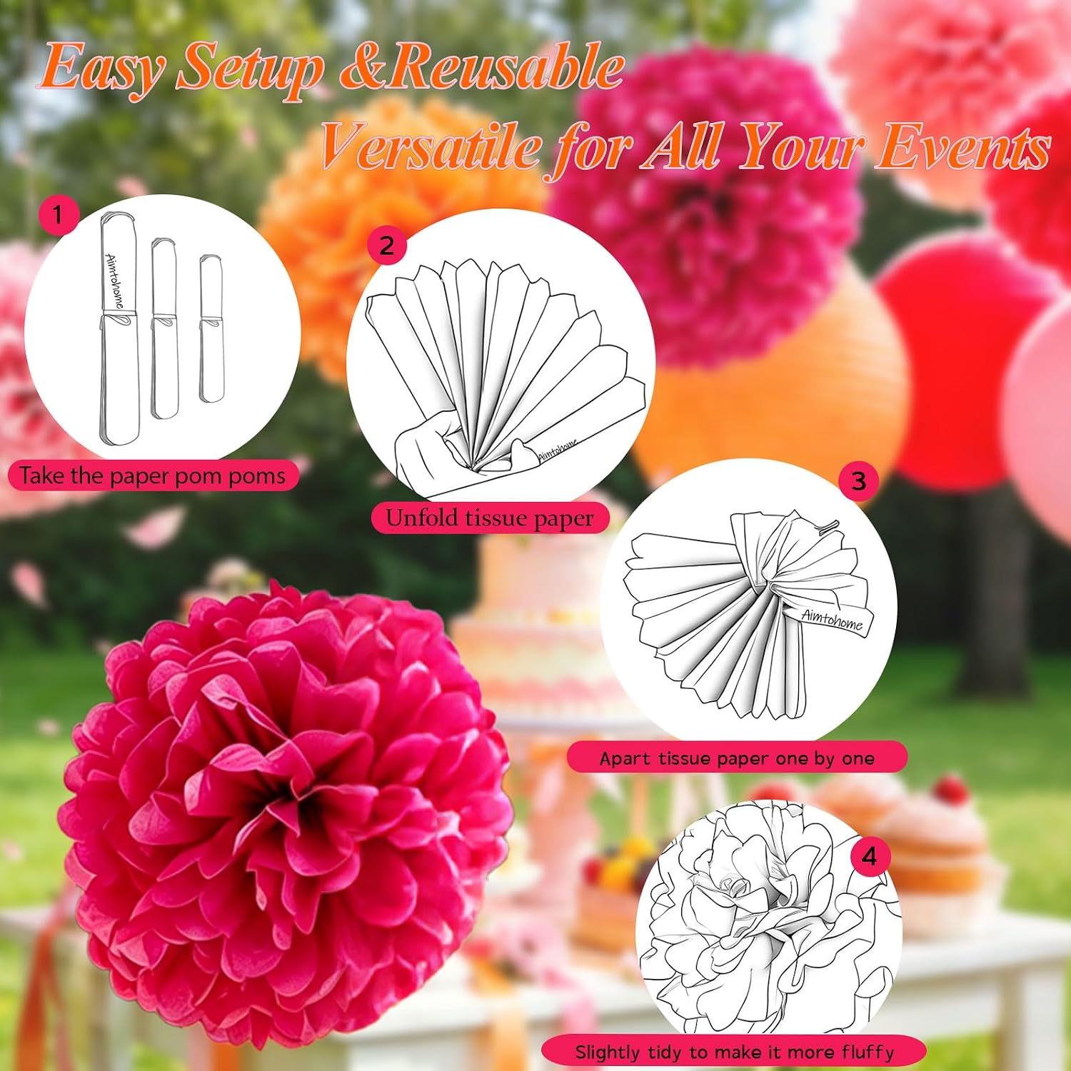 AimtoHome Pink Orange Tissue Paper Flower Pom Poms12pack Hanging Paper Pom Pom Decorations for Tea Party, Wedding, Bridal Shower, Birthday, Fiesta, Baby Shower, Nursery, Bachelorette, 10/8/6 inch