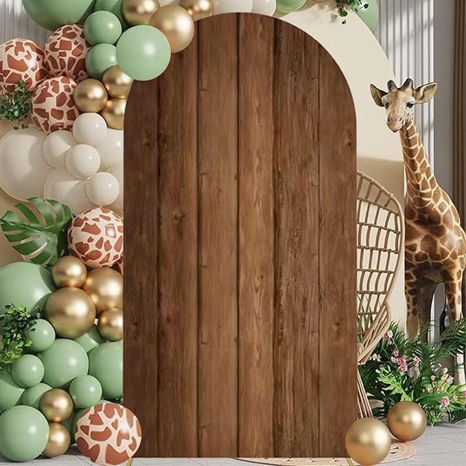 Wood Arch Cover 6ft Arch-Backdrop-Cover Jungle Theme Arched Stand Covers Wooden Arches Backdrop Double Sided Wood & White Cover for Back Drop Stand for Baby Shower Wild First Birthday Décor