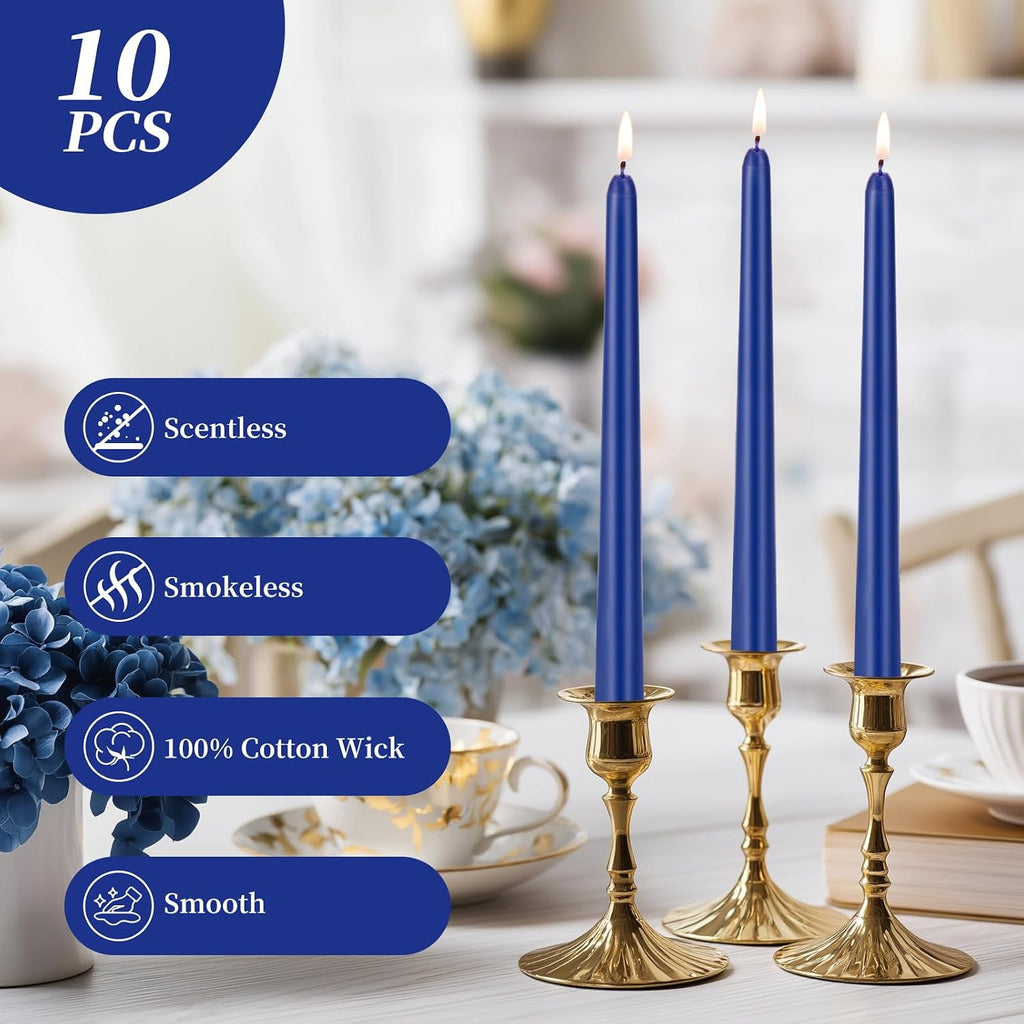 KONNI 0.87×10 Inch Blue Taper Candles, Unscented and Smokeless Tall Candlesticks, 10 Pack Tapered Candles with Cotton Wicks, Long Burning, Ideal for Weddings, Dinner Parties, and Home Décor