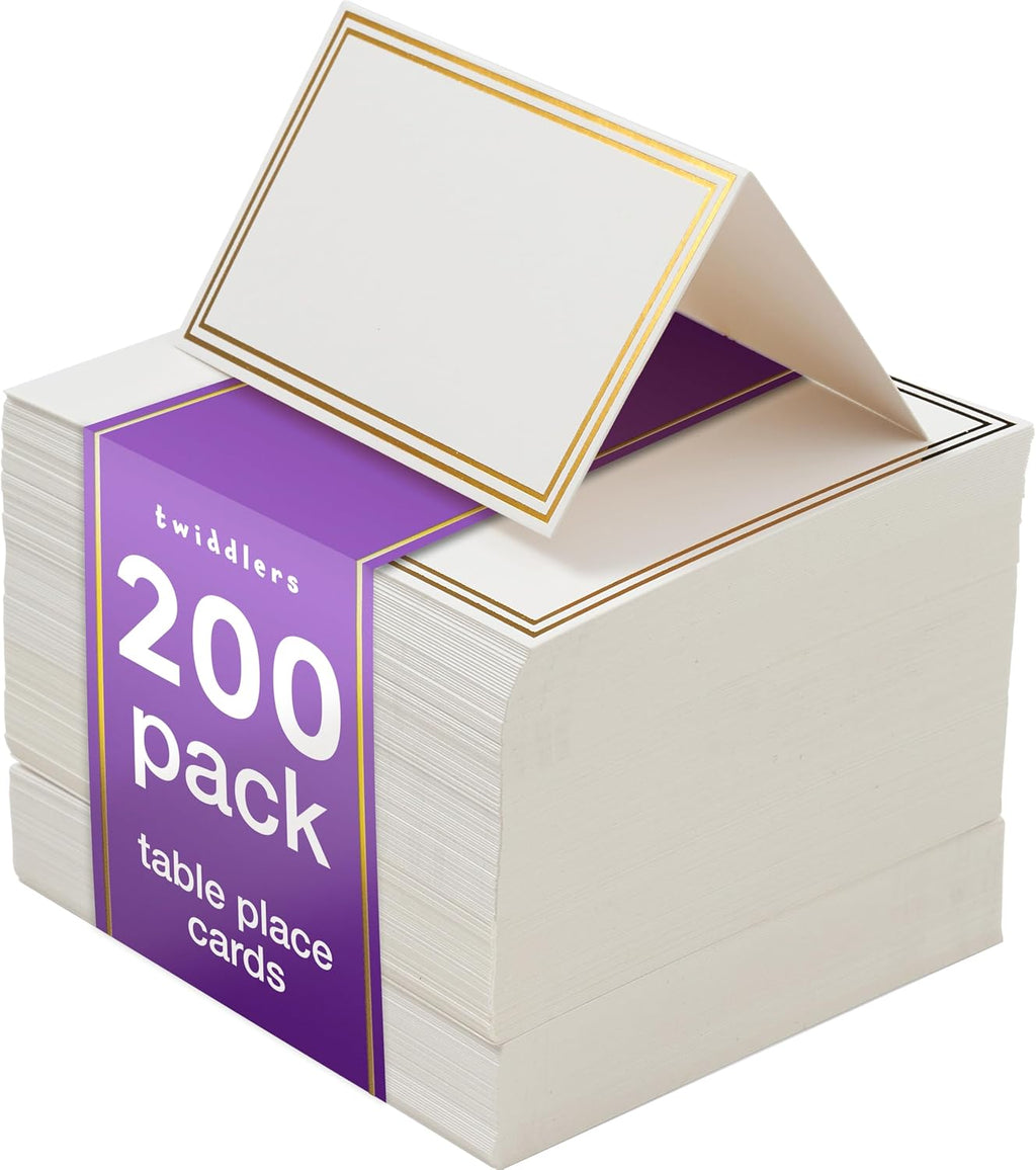 THE TWIDDLERS 200 Name Place Cards for Wedding Table Setting 3.5" x 2" Inch, White Blank Tent Name Cards with Gold Foil Border for Banquet, Reserved Seating, Dinner Parties