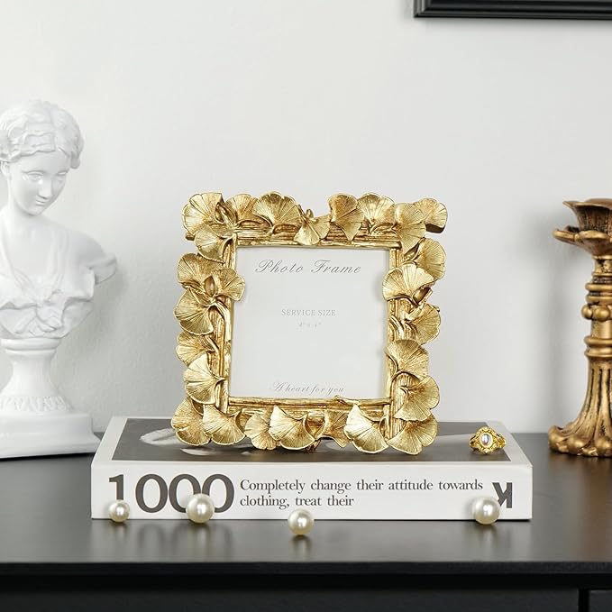 Cuspin 4x4 Picture Frame Small Gold Frames, Vintage Ornate Leaf Textured Hand-Crafted Resin with Glass Front, Antique Photo Frame for Tabletop Display, Retro Design Home Decor