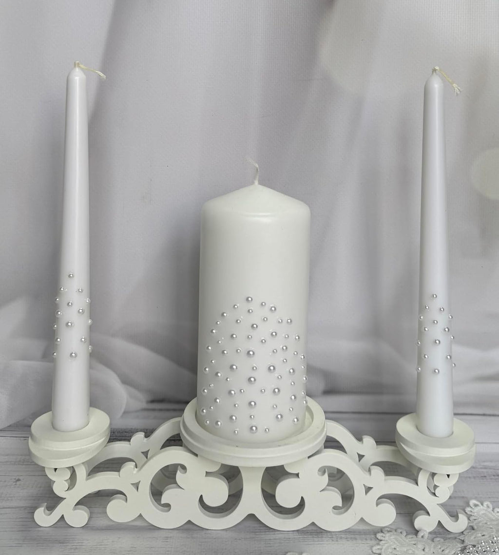 Unity Candle Set - Wedding Ceremony & Reception – 6” Pillar & Two 10” Taper Candles – Long Burning Unity Candles for Marriage Ritual – Handmade in USA – White| Pearls