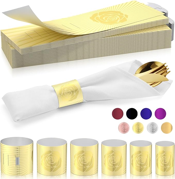 Polymer Material Reusable Napkin Band, Glue-Free Tear-Proof Water Resistant Oil-Proof Napkin Bands Set of 200(Front Gold Color and Back Silver), 6 Adjustable Sizes Napkin Rings