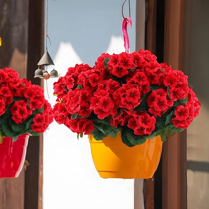 Hananona 24 Pcs Artificial Geranium Flowers for Outdoors Geranium Silk Red Flowers Outdoor UV Resistant Garden Plants Faux Flower for Christmas Home Kitchen Table Centerpieces Decor (24, Red)