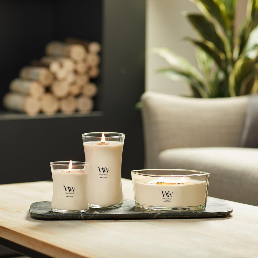 WoodWick Vanilla Bean Holiday Candle Gifts for Women and Men, 9.7 oz Medium Hourglass Candle with Crackling Wick