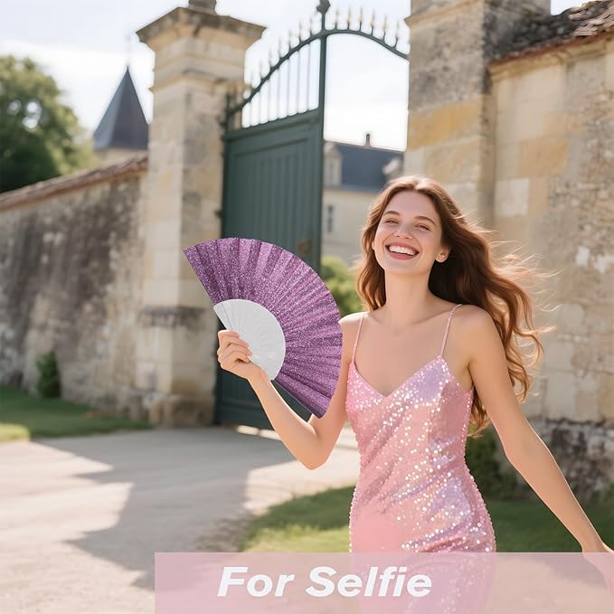 48 Pack Handheld Fan,Folding Hand Glitter Fan with Shining Transparent Fan Rib – Ideal for Wedding, Church, Festival, Dance, Tea Party, Club, and EDM Accessories, Purple