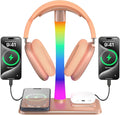 Headphone Stand with Wireless Charger,Gaming HeadsetStand with RGB Light Mode,Airpod MaxStand Compatible with Airpod Pro/3/2,iPhone 16/15/14/13/12/11,Samsung,Gifts for Gamers & Music Lover (Gold)