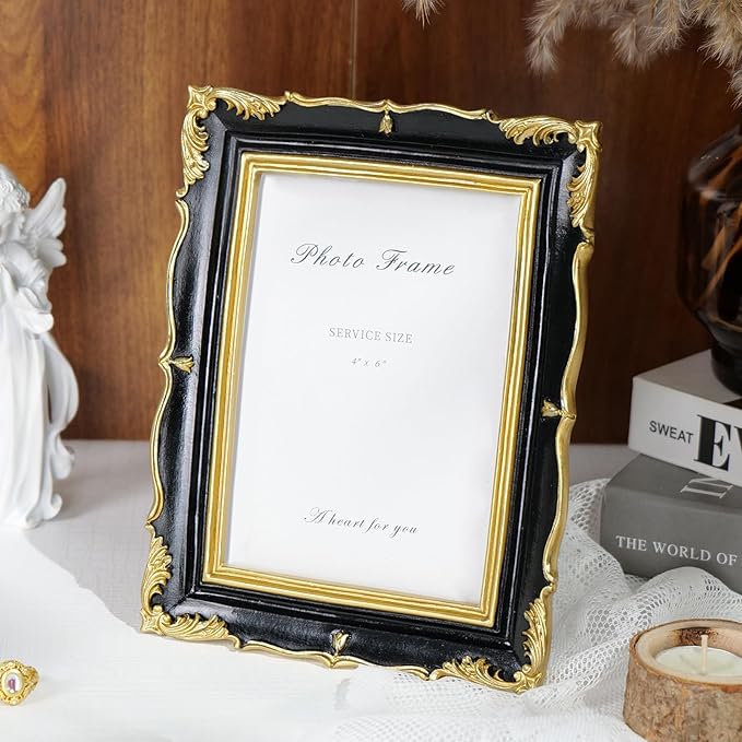 Cuspin 4x6 Picture Frame Black and Gold Vintage Frame, Ornate Textured Hand-Crafted Resin Photo Frame with Glass Front, 4x6 Black Antique Decorative Frames for Wall & Tabletop Home Decor