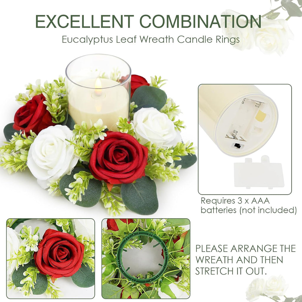 Crimson Rose Candle Rings with Flameless Candles Sets - 12PCS Artificial Flower Eucalyptus Wedding Centerpiece 3 Inch Pillar Candleholders Wreaths for Wedding Party Decor (Crimson - 6 Sets)