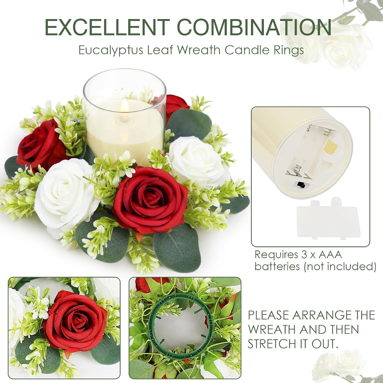 Crimson Rose Candle Rings with Flameless Candles Sets - 12PCS Artificial Flower Eucalyptus Wedding Centerpiece 3 Inch Pillar Candleholders Wreaths for Wedding Party Decor (Crimson - 6 Sets)