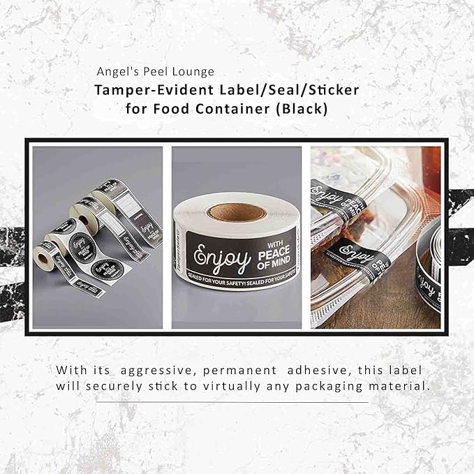 Angel's Peel Lounge Tamper Proof Stickers Roll — Tamper Evident Stickers for Food Safety, Delivery Bags, Drink Lids, Containers, Self Adhesive Seal Tape, Writable Surface - 1x3in 250-COUNTS, Black