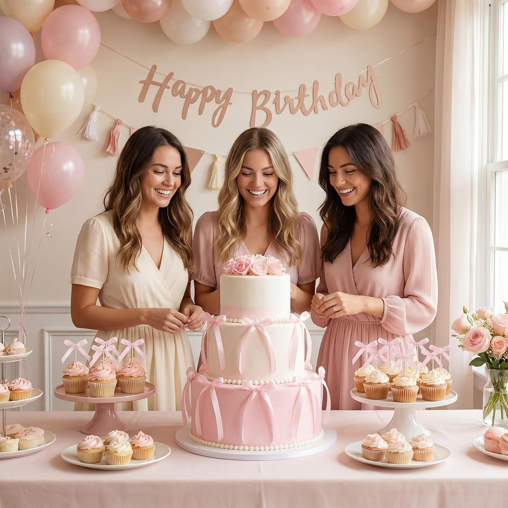 36 PCS Bow Cake Toppers Bow Cupcake Toppers, Light Pink Ribbon Bows for Cake Coquette Birthday Decor for Baby Shower, Bachelorette Events, Wedding Dessert Tables, Balloons and Walls