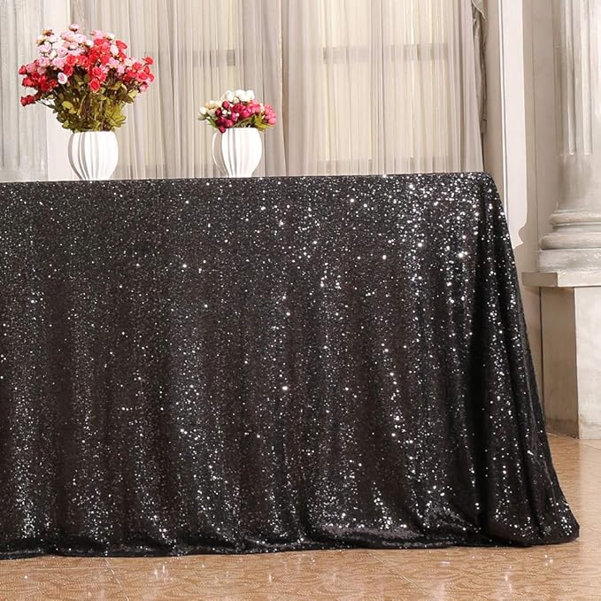 SquarePie Sequin Tablecloth 60 x 120 Inch Black Sparkly Table Linen for Halloween Wedding Party