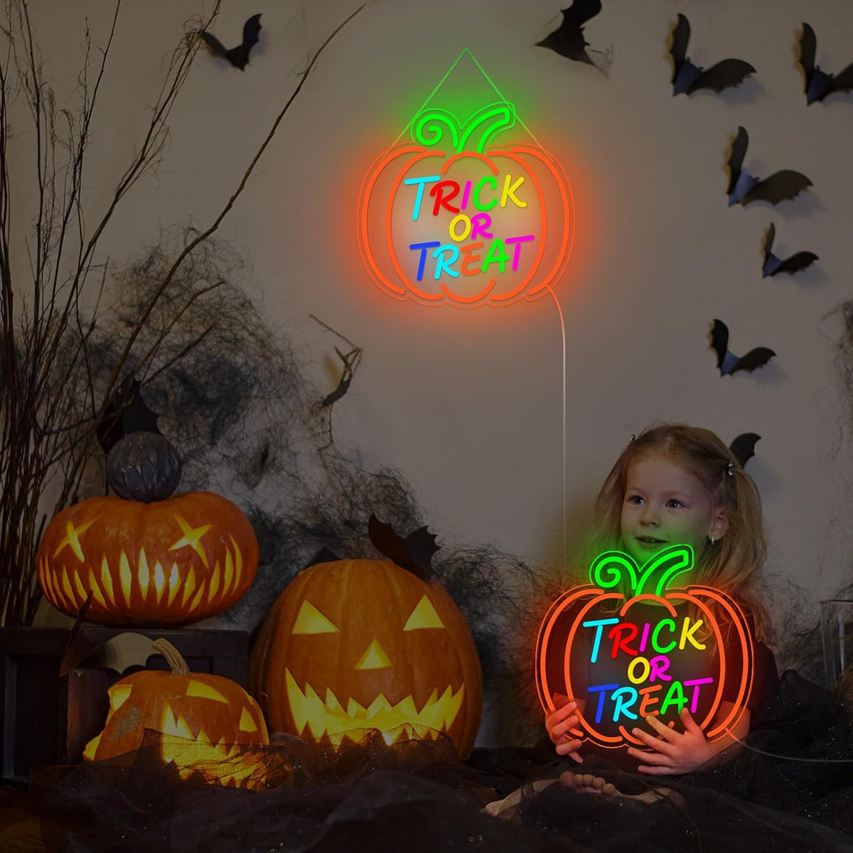 Halloween Neon Sign, Halloween Wall Decor Pumpkin Trick or Treat Neon Signs f...