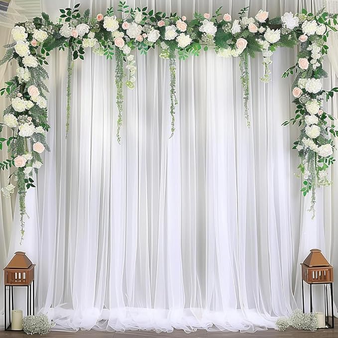 10ft X 10ft White Tulle Backdrop Curtain for Parites, Sheer Backdrop Curtains Fabric Drapes for Wedding Ceremony Arch Party Stage Decorations