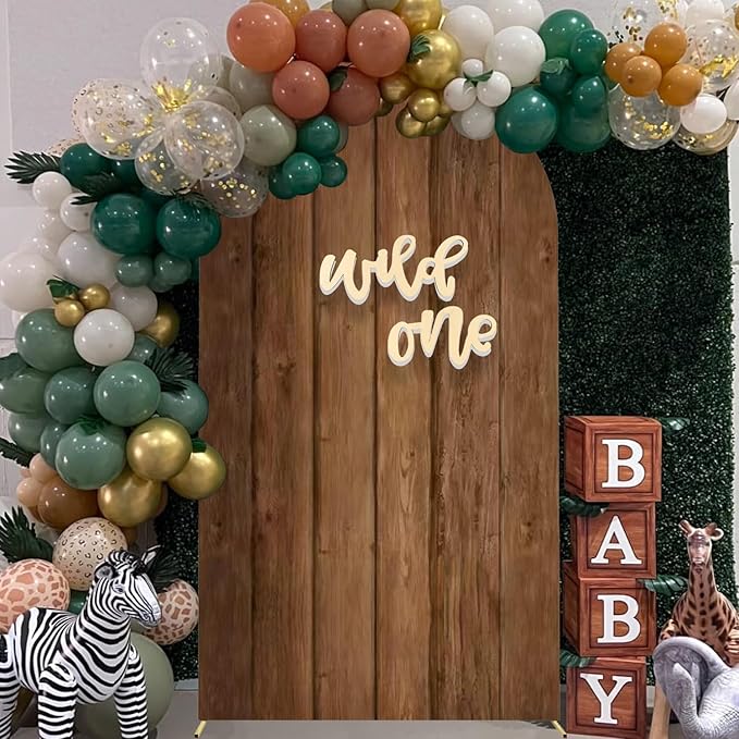 Wood Arch Cover 6ft Arch-Backdrop-Cover Jungle Theme Arched Stand Covers Wooden Arches Backdrop Double Sided Wood & White Cover for Back Drop Stand for Baby Shower Wild First Birthday Décor