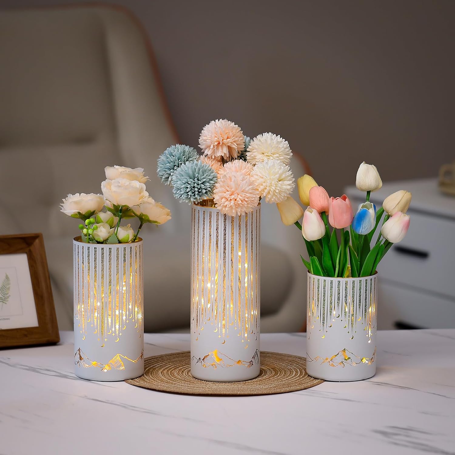 Starry Night Hurricane Candleholders with Warm LED Lights & Remote Timer, Elegant Twinkling Decorative Centerpieces for Wedding, Dining Table, Living Room, Mantel Décor, Set of 3 (White)